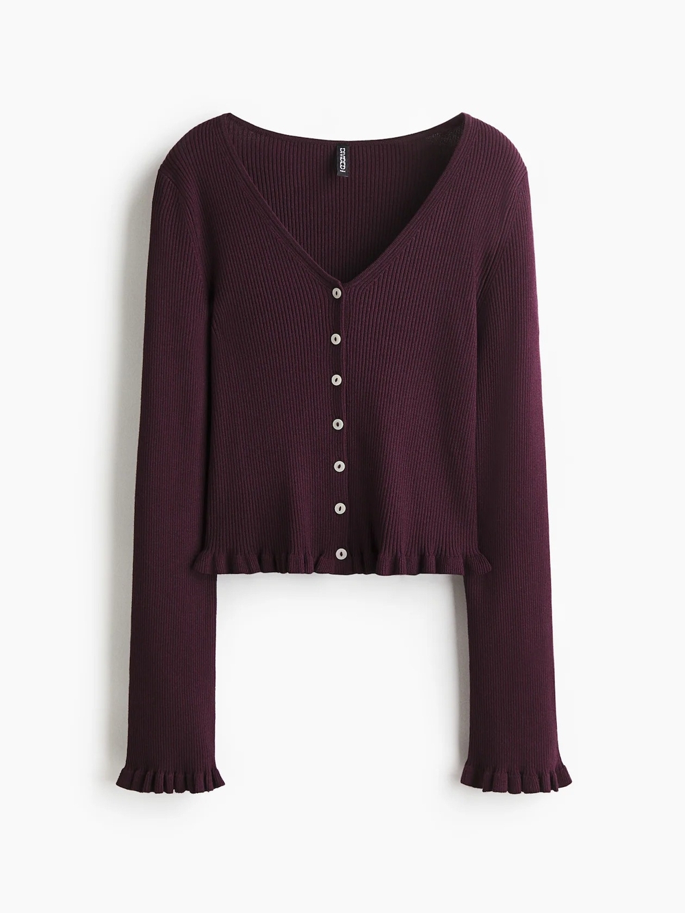 H&M Divided Ribbed Knit Button-Up Ruffle-Trimmed Cardigan Fall Bell Sleeves